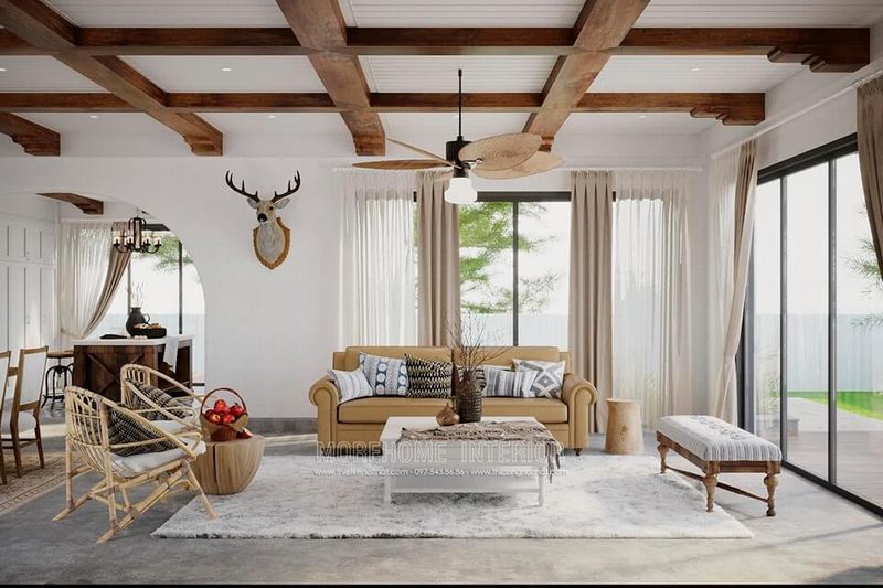 Không gian nội thất trong phòng khách của biệt thự đã được hô biến bằng bộ bàn ghế sofa bọc da và bọc vải cao cấp.
